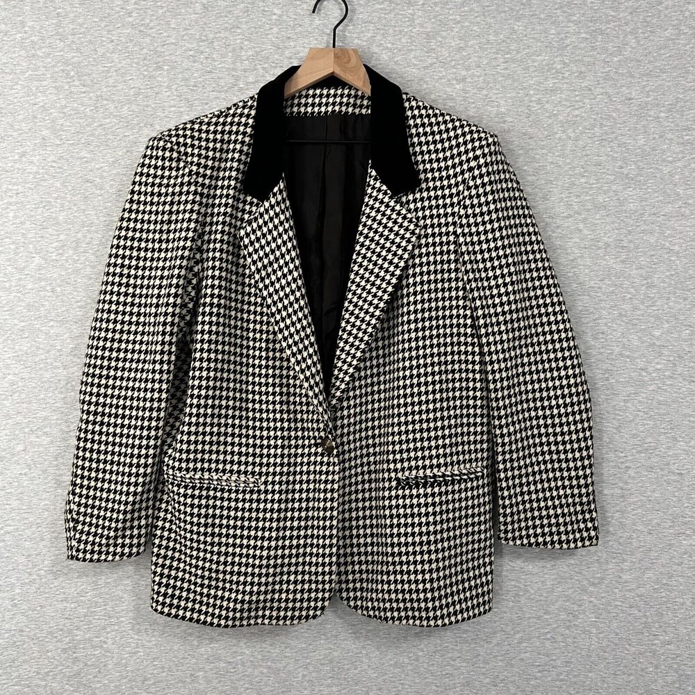 Vintage Houndstooth Blazer Jacket Womens 12 Tweed Velvet Academia Career USA 80s